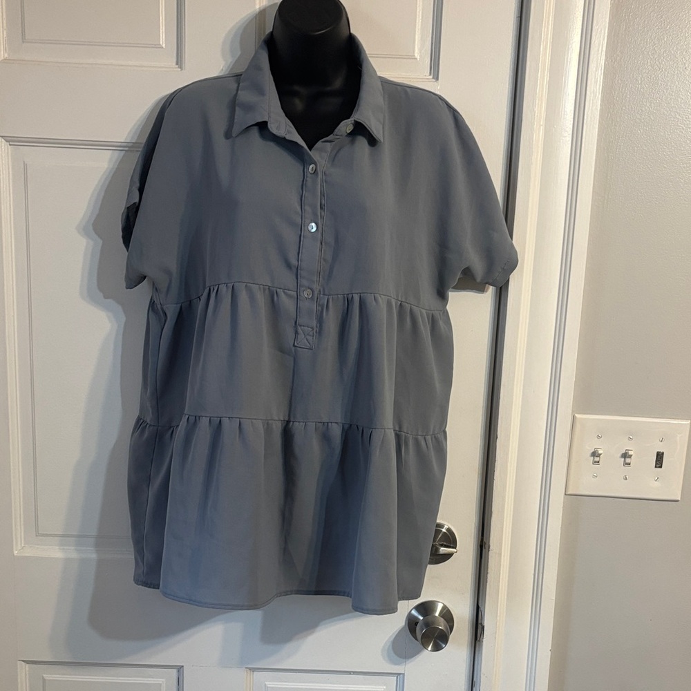 Gray Tiered Button-Up Blouse